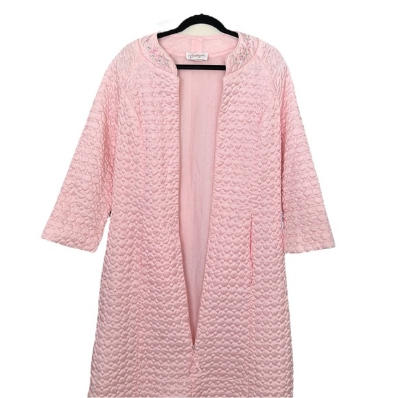 BARBIZON Vintage Quilted Pink Satin Long Robe Embroidered Zip Front Girly - Picture 5 of 16
